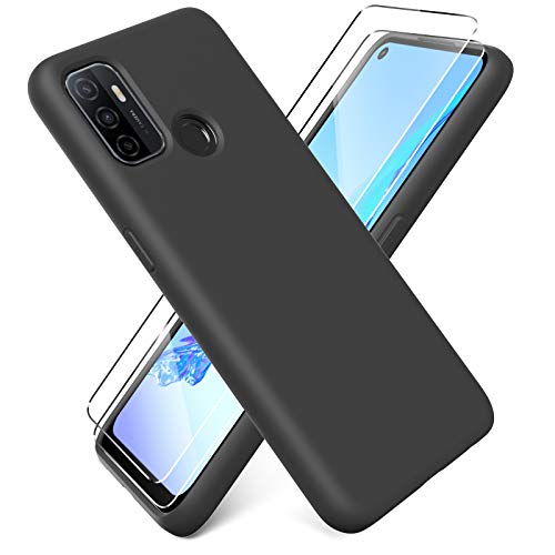 Ikziwreo - Funda Compatible con OPPO A53/A53s 2020 + Protectores de Pantalla Templados [2 Paquetes], Carcasa de Silicona Líquida Gel Ultra Suave Funda con tapete de Microfibra Anti-Rasguño - Negro