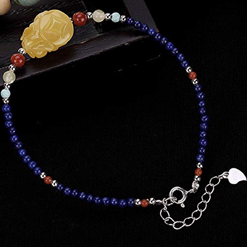 JIACUO Pulsera de Riqueza Natural Feng Shui Cera de Abejas Concha de Tortuga Goldfish Pixiu Pi Yao Pulsera Plata de Ley 925 Pulsera de lapislázuli Amuleto Ajustable Desgaste Ajustable