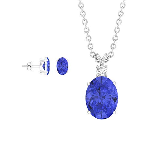 Juego de colgante con pendientes de oro, antiguo de 2,78 quilates, colgante de tanzanita solitario, colgante de diamante pequeño para mujer, pendientes de tuerca con piedra de nacimiento de julio azul