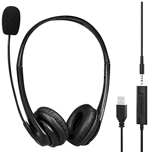 KKshop Auriculares Micrófono PC, Auriculares Telefono USB/3.5mm Cancelación de Ruido & Sonido estéreo Claro Cascos Business para Skype Softphone Centros de Llamadas Cursos Online