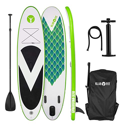 KLAR FIT Spreestar 320 - Tabla de pie Hinchable, Paddleboard, Paddle Surf, Tabla Sup 320 x 12 x 81 cm, Bomba Aire, Pala, Correa Seguridad, Mochila Transporte, Verde