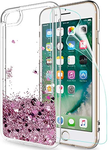 LeYi Funda iPhone 7/8 Silicona Purpurina Carcasa con HD Protectores de Pantalla,Transparente Cristal Bumper Telefono Gel TPU Fundas Case Cover para Movil iPhone 7/8 ZX Oro Rosa