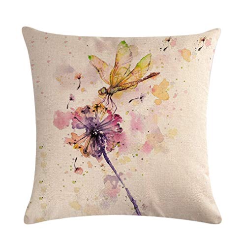 Lihan Funda de Almohada Serie Pintura de Tinta Pájaros y Flores Fundas de cojín Cuadrado decoración sofás Dormitorio Auto Throw Decoracion, libélula 45 * 45cm/18 * 18inch