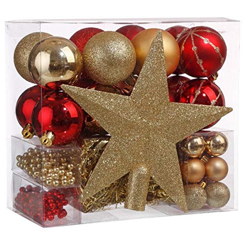 Lote de navidad - Kit 44 piezas para decorar árbol: Guirnaldas, Bolas y Estrella cima - Tema color: Oro y Rojo