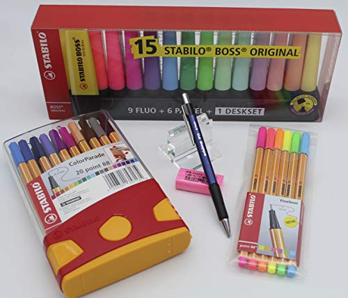 Lote Estuche Rotuladores Point 88 + Estuche 6 unidades Neón + Marcador Original 9 Fluor 6 Pastel 1 Deskset + 1 Portaminas Edding + 1 Goma Faber Castell