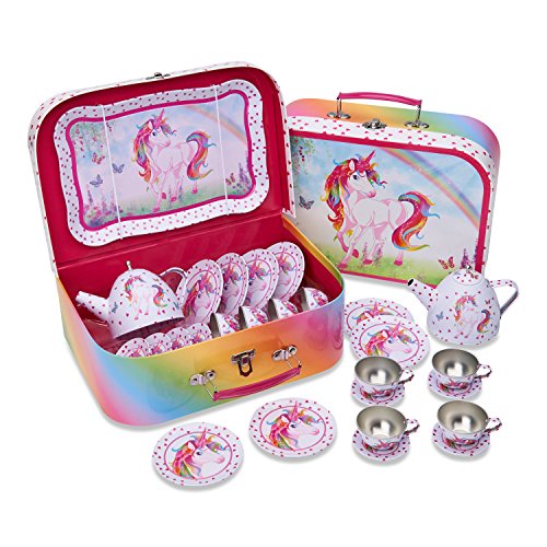 Lucy Locket - Juego de té de Juguete en maletín de Color Rosa con «Unicornio Mágico Vajilla Infantil de estaño de 14 Piezas