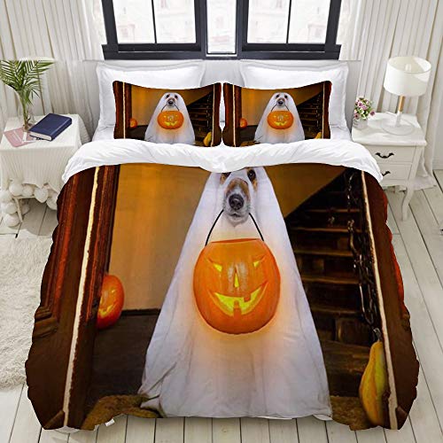 Luoquan Ropa de Cama - Funda nórdica Patrón Elegante Halloween Ghost Dog Trick or Treat,Microfibra Nuevo Set de Tres Piezas Funda de edredón 135 x 200 cm