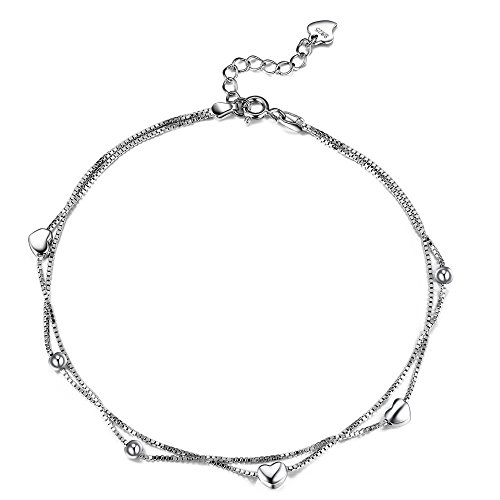 Lydreewam Amor Corazon Tobilleras Pulseras Plata de Ley 925 para Mujer Cadena de 2 Capas Verano Descalzo Playa, Ajustable 22+4cm