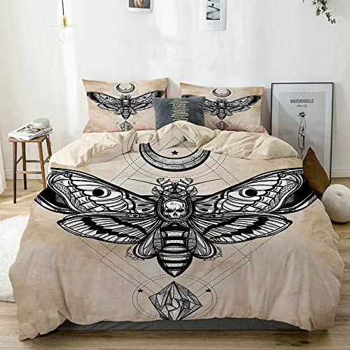 Minalo Bedding Juego de Funda de Edredón,Beige,Dead Head Hawk Moth con Luna y Stone Spiritual Magic Skull,Microfibra NO LLENAR,(Cama 140x200 + Almohada)