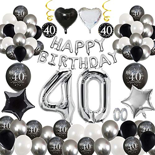 MMTX 40 Decoración Fiesta cumpleaños, Feliz cumpleaños Decoracion Globos Negro Plateado con Happy Birthday Banner, impresión látex Globos de Papel de corazón de Estrella para Niño Hombres Niña Mujer