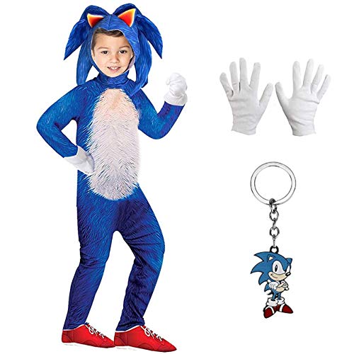 MOCCO Niñas Niños DisfrazCosplay Sonic Hedgehog Jumpsuit + Tocado + Guantes + Llavero Lujo Traje Outfit (Azul, 140-155cm / 9-11 años)