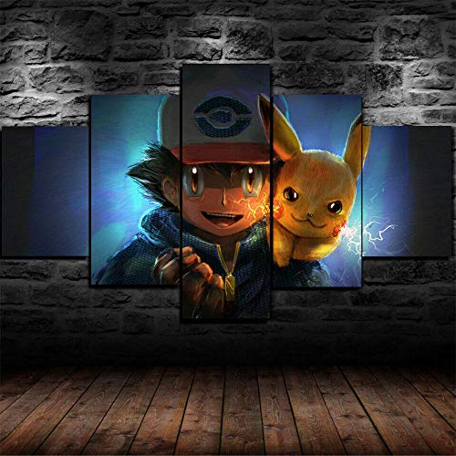 MTRSLH Cuadros Deco Salon Modernos 5 Piezas Lienzo Grandes XXL Murales Pared Hogar Pasillo Deco Arte Pared Póster Ash y Pikachu Pokemon HD Impresión Foto 150x80 cm