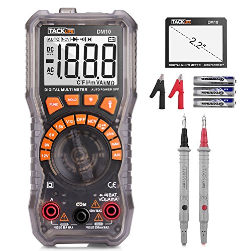 Multímetro digital, TACKLIFE DM10 digital eléctrica Tester auto rango de batería Tester AC/DC voltaje AC/DC actual resistencia diodo medidor de medición con NCV, linterna y retención de datos