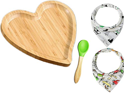 MUUZONING Platos de Comida para bebés y niños pequeños - Plato de Comida portátil Platos de Cena Platos de bambú Natural para niños pequeños (sin BPA) con Plato Tazón Taza Tenedor Cuchara - (Heart)