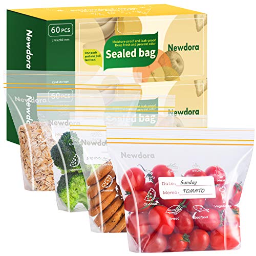 Newdora Bolsas Reutilizables para Almacenamiento de Alimentos, 60pcs Bolsas Almuerzo Infantil Comida Trabajo, Bolsas para Bocadillos Fruta Sándwiche Verdura, Tamaño Grande Sin BPA, a Prueba de Fugas