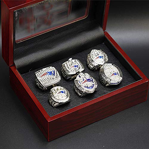 NFL para 2001-2018 New England Patriots juego de anillos de campeonato de 6 piezas réplica Super Bowl 9-13 tamaño completo recuerdo de abanico movimiento de rugby anillo con caja de madera, 9