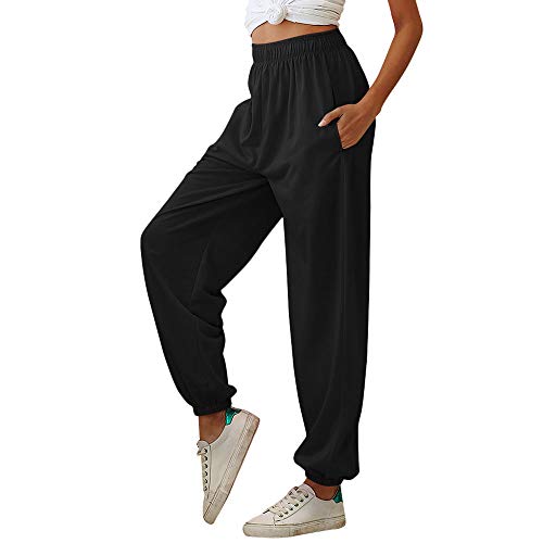 Nuofengkudu Mujer Harem Baggy Jogging Pantalones con Bolsillos Elastica Cintura Alta Comodo Llanura Largos Pantalón Deportiva Sports Jogger Pants Sweatpants Casual Ropa de Casa(Delgado-Negro,L)