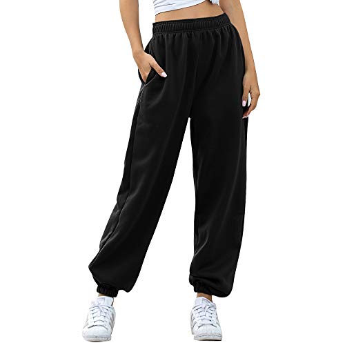 Nuofengkudu Mujer Harem Térmicos Jogging Pantalones Forro Polar con Bolsillos Elastica Cintura Alta Comodo Llanura Largos Pantalón Deportiva Jogger Pants Sweatpants Casual Ropa de Casa(Lana-Negro,S)