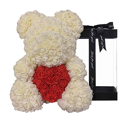 Oso Rosa - Oso de Peluche Rosa 25cm con Caja Regalo - Oso de Rosas Artificial - Oso de Flores - Regalo para Novia Mamá San Valentín, Compromiso, Aniversarios, Matrimonio, Cumpleaños