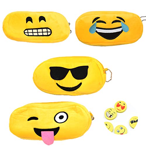 Osuter 4PCS Estuche Escolar Suave Bolsa de Lapices con 4PCS Gomas de Borrar Emoji Estuche Portalápices para Escuela Útiles Escolares Regalo