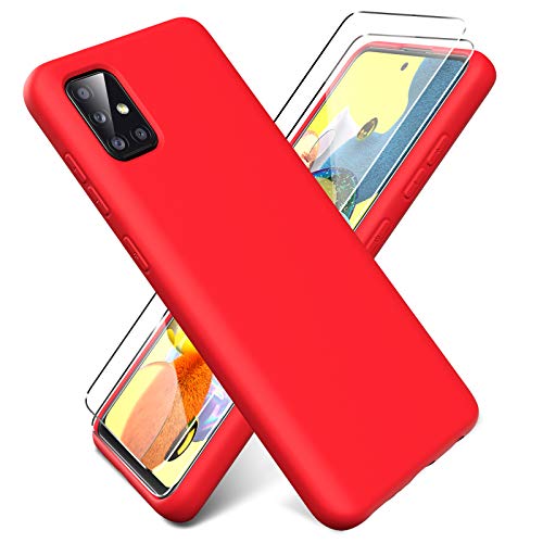 Oududianzi - Funda para Samsung Galaxy A51 5G + [2 Pack] Protector Pantalla, Carcasa de Silicona Líquida Gel Ultra Suave Funda con tapete de Microfibra Anti-Rasguño - Rojo
