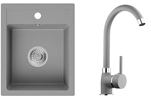 PRIMAGRAN Fregadero de Granito - Riga, Lavabo Cocina Un Seno + Grifo + Sifón Clásico, Fregadero Empotrado 40 x 50 cm, Gris