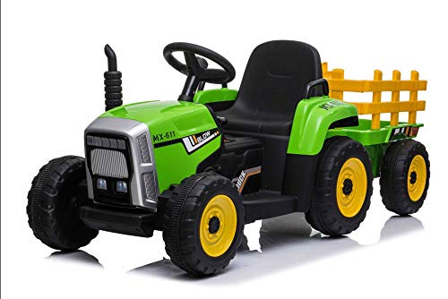 RIRICAR Tractor eléctrico Workers con Remolque, Verde, tracción Trasera, batería de 12V, Ruedas de Plástico, Asiento Ancho de Plástico, Control Remoto de 2,4 GHz