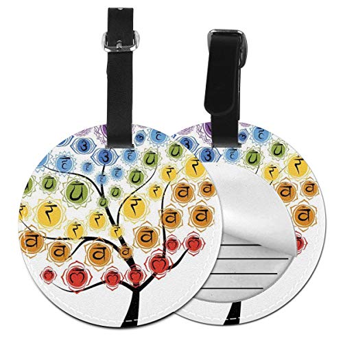Round Travel Luggage Tags,Yoga Tree with Branch of Chakra Icon Harmony In Nature Worship Physical Force Theme,Leather Baggage Tag