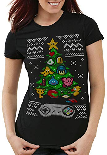 style3 16-bit Suéter de Navidad Camiseta para Mujer T-Shirt Ugly Sweater x-mas SNES, Talla:XL