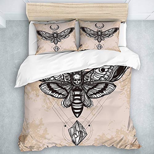 SUHOM Bedding Juego de Funda de Edredón,Dead Head Hawk Moth Luna Stone Espiritual Magia Cráneo Ilustración,Microfibra (Cama 140x200 + Almohada 50X80),Single