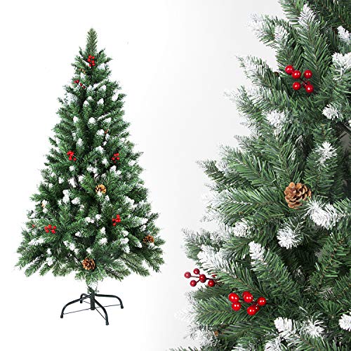 SunJas Árbol de Navidad Artificial Pino Material PVC, con Blanco Nevado, Frutos Rojos, Verdadera Piñas, Soporte de Metal, Arbol para Decoración Navideña (120cm, 200puntas)