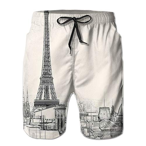 Swimming Shorts Funny Printed,Sketch Style Image of Paris City Over Roofs with Eiffel Tower Landmark,Quick Dry Beach Board Trunks with Mesh Lining,XL