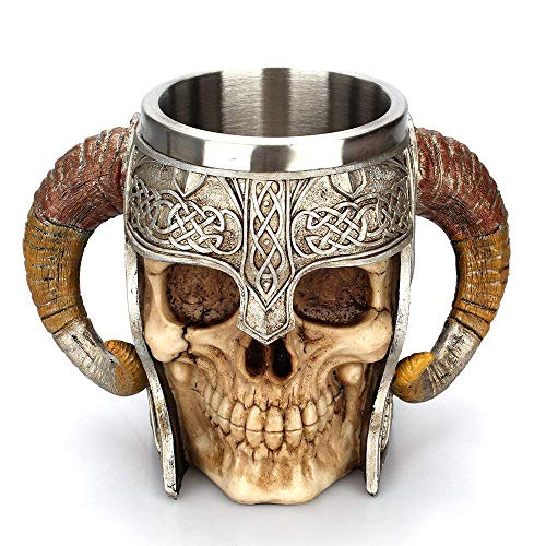 Taisuko Medieval Mug, acero inoxidable Ram Horned Viking Pirate Gothic Skull Mug Tankard Cup, Medieval Castle Lord Knight Skeleton Tankard Stein para cerveza Vino Café Ron Agua potable - 500 ml