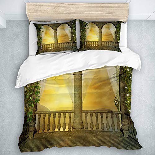 TARTINY Bedding Juego de Funda de Edredón Balcón romántico con columnas Arcos con Cielo Amarillo profundi/Microfibra Funda de Nórdico y Fundas de Almohada,(Cama 200 x 200cm)