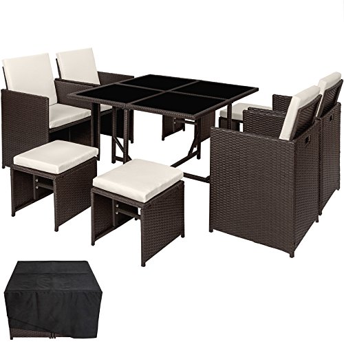 TecTake 800820 Conjunto Muebles de jardín de ratán sintético, Juego de Comedor 4+4+1 + Funda con Tornillos de Acero Inoxidable, Mobiliario de Exterior (Antiguo)