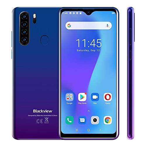 Teléfono Móvil Libres Blackview A80 Plus 2020, Android 10 Smartphone Libre, Pantalla HD + 6.49, 4GB+64GB, Cámara Trasera Cuádruple 13MP, 4680mAh Batería, Dual SIM, Face ID, GPS, Azul