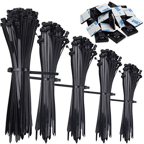 Tonsooze Bridas para Cables Bridas de Nailon, 500 Pcs Bridas de Plastico para Cables & 50 Pcs Auto Adhesivo Montaje Adhesivo de Cable, resistente exposición a los rayos UV, Negros