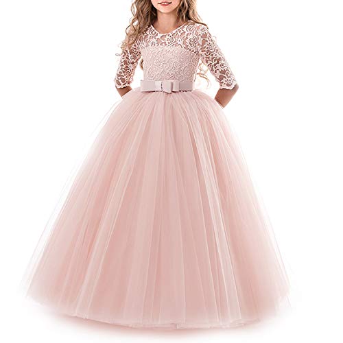 TTYAOVO Chicas Princesa Flor Vestir Largo Pelota Vestido Cordón Cumpleaños Vestidos 8-9 años(Talla140) 378 Rosado