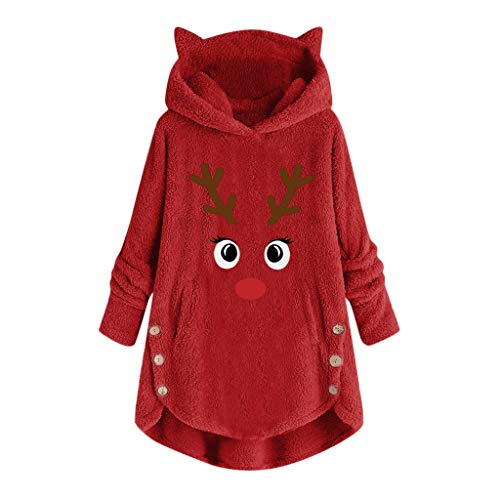 TUDUZ Sudadera con Capucha Mujer Jersey Algodón Pijama Hoodie Botón Abrigo Cálido Talla Extra S-5XL (RojoE, XXXL)