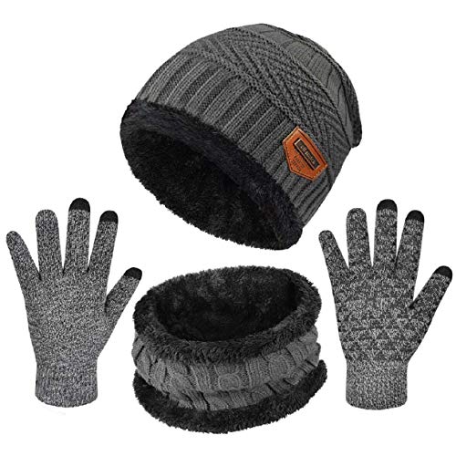 Tuopuda Gorro Bufanda Guantes Set de Invierno para Hombre y Mujer Gorro de punto Bufandas Caliente Guantes de Pantalla Táctil