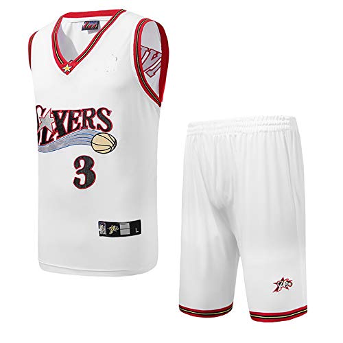 Uniforme De Baloncesto para Hombre,para Iverson No.3 para Filadelfia Point Guard Traje De Baloncesto,Chaleco De Entrenamiento De Baloncesto De Verano+Pantalones Cort White-M