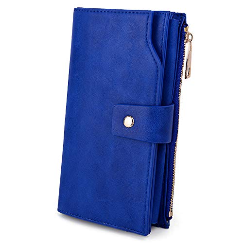 UTO - Mujer Cartera de Bloqueo de RFID PU Cuero Monedero Largo 21 Ranuras para Tarjetas Monedero Gran Capacidad Bolsillo para Móvil Azul_