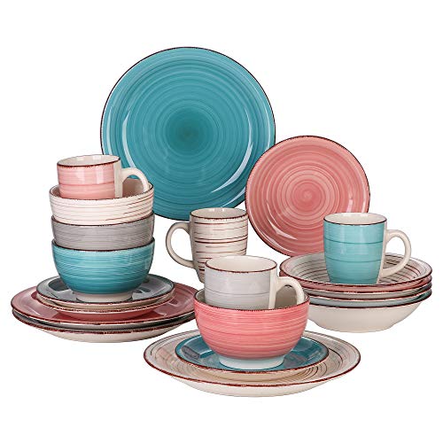 vancasso Serie Bella Vajillas de 20 pcs, Juego de Vajilas Retra, de Gres Servicio de Mesa para 4 Personas, Tazas, Cuencos, Platos de Postre, Platos Llanos, Platos Hondos, Colores mixes