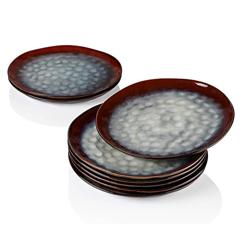 vancasso Serie Starry Juego de 8 Platos Llanos 28CM Plato Grande Retro Vajilla de Gres Diseño de Bordes Irregulares Rojo