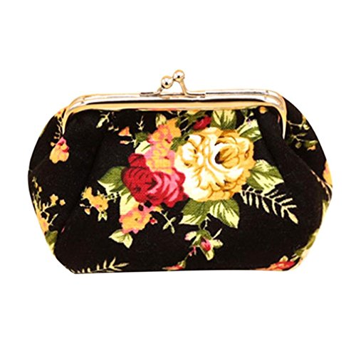 VENMO Mujeres Retro Vintage Flor Monedero Pequeño Cerrojo Bolsa Bolso de Embrague (Negro)