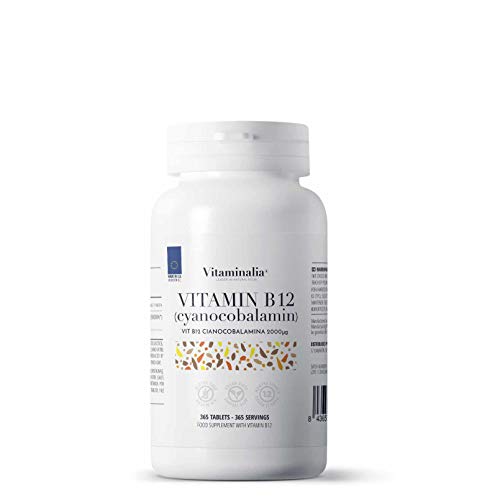 Vitamina B12 de Vitaminalia | Cianocobalamina 2000 mcg | Suministro para 1 Año (12 Meses) | Suplemento para Veganos y Vegetarianos | Vegano, Sin Gluten, Sin Lactosa, 365 Tabletas