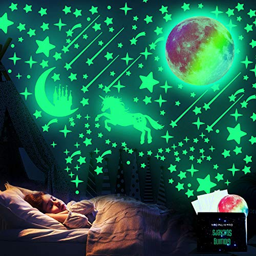 WELLXUNK Adhesivos de Pared Luminosos, 297 Piezas Adhesivos de Pared Decorativos Fluorescentes de Luna Y Estrellas, Utilizados Para Decoración de Habitaciones Murales de Interior Para El Hogar