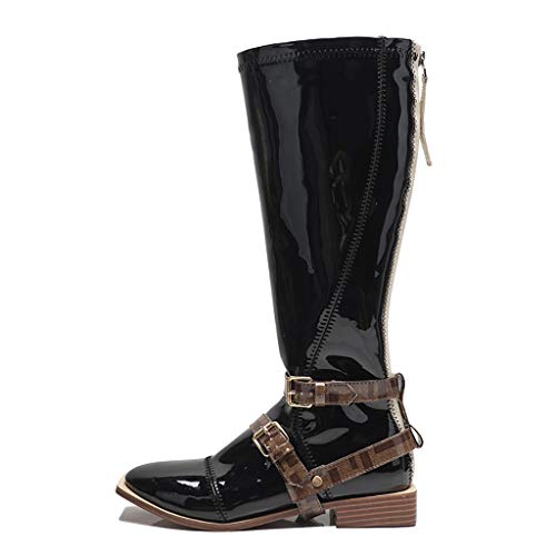 WggWy Botas De Cuero para Mujer, Cremallera Trasera, Hebilla De Cinturón, Punta Puntiaguda, Botas De Motocicleta De Ocio Al Aire Libre, Superficie Lisa para Niñas, Negro,37