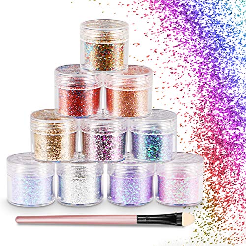 WOSTOO Purpurinas Polvo Chunky Glitter Purpurina para el Rostro, Cara y Cuerpo Maquillaje Glitter Paillette Brillante Decoración para Pelo, Uñas y Mejilla -10 Cajas