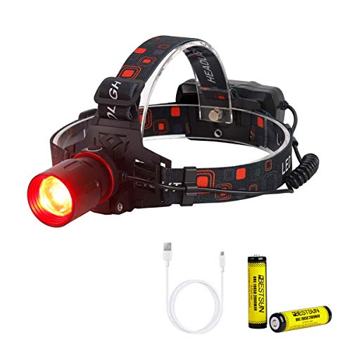 XLENTGEN Luz Frontal LED Rojo, Linterna Cabeza Luz Roja con Enfoque Ajustable, 3 Modos, Linterna Frontal Recargable para Acampar, Pescar, Astronomía y Observación Nocturna (Baterías Incluidas)